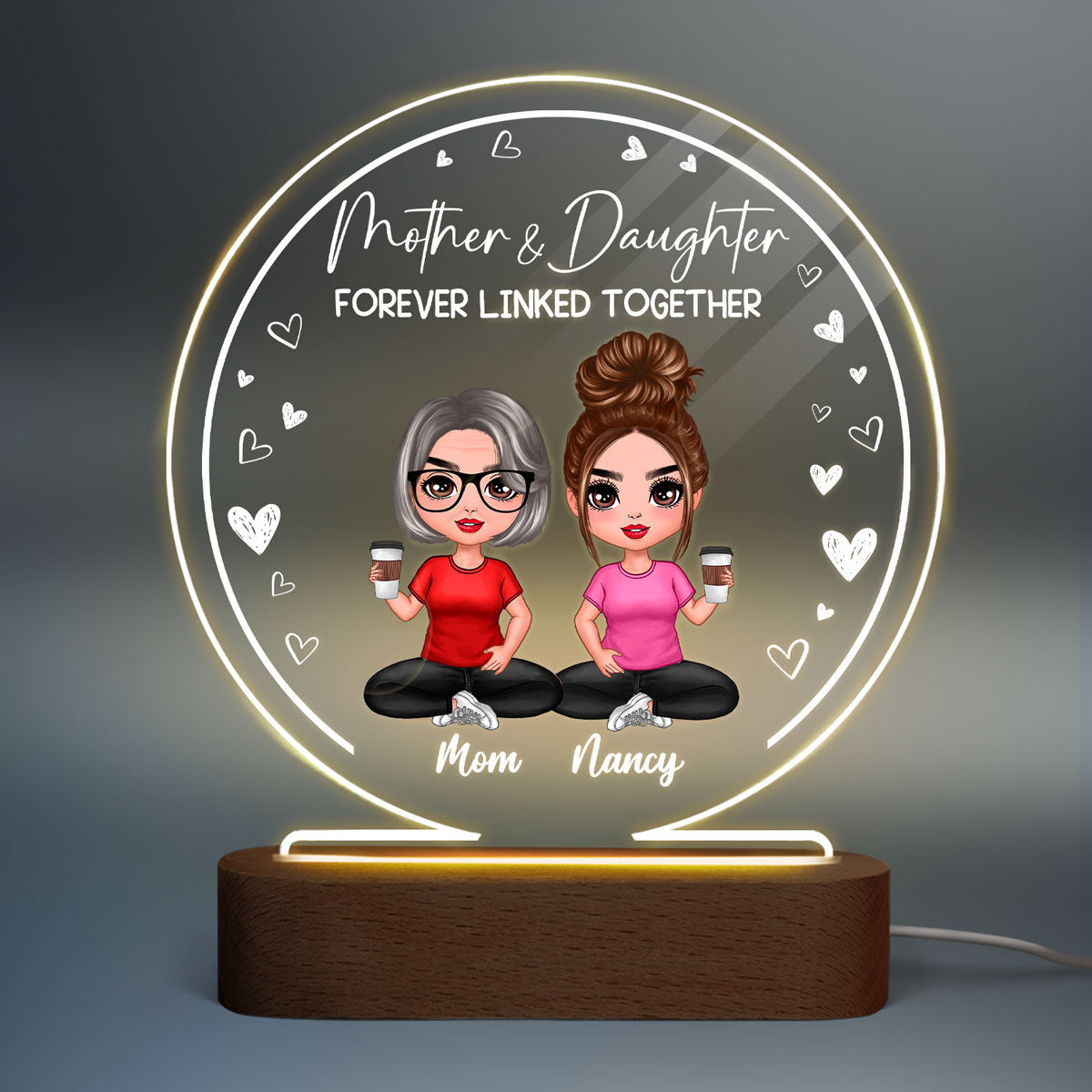Doll Mom And Daughters Sitting Personalized Circle Acrylic Plaque LED Night Light
