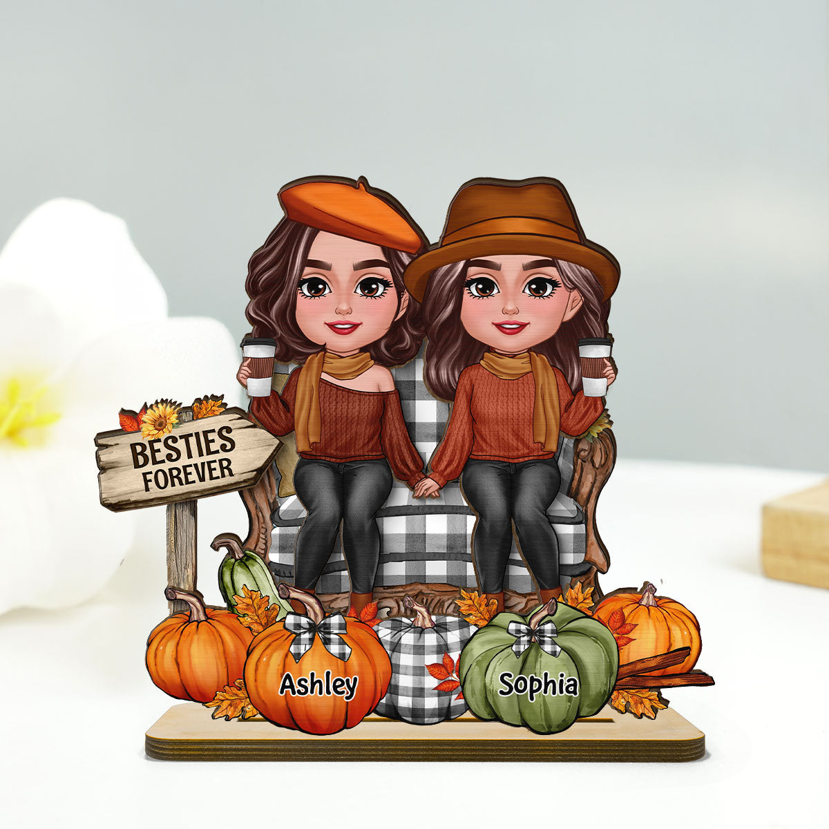 Fall Season Besties Sitting Pumpkins Personalized 2-Layer Standing Wooden Plaque| Fall Season Gift For Best Friends