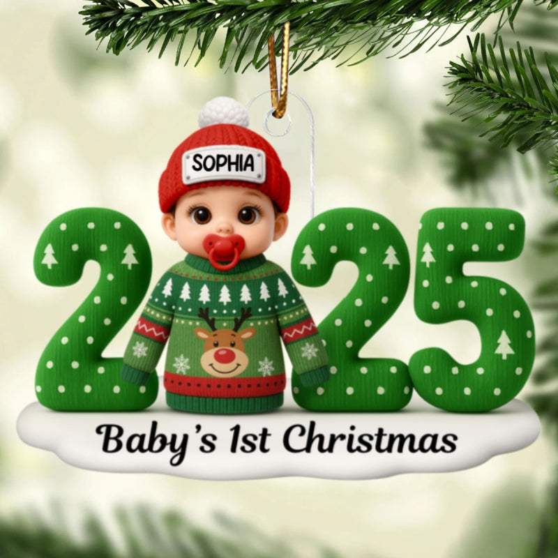 Baby In Ugly Sweater First Christmas - Personalized Acrylic Ornament - Unique Christmas Gift For New Parent, Newborn Keepsake
