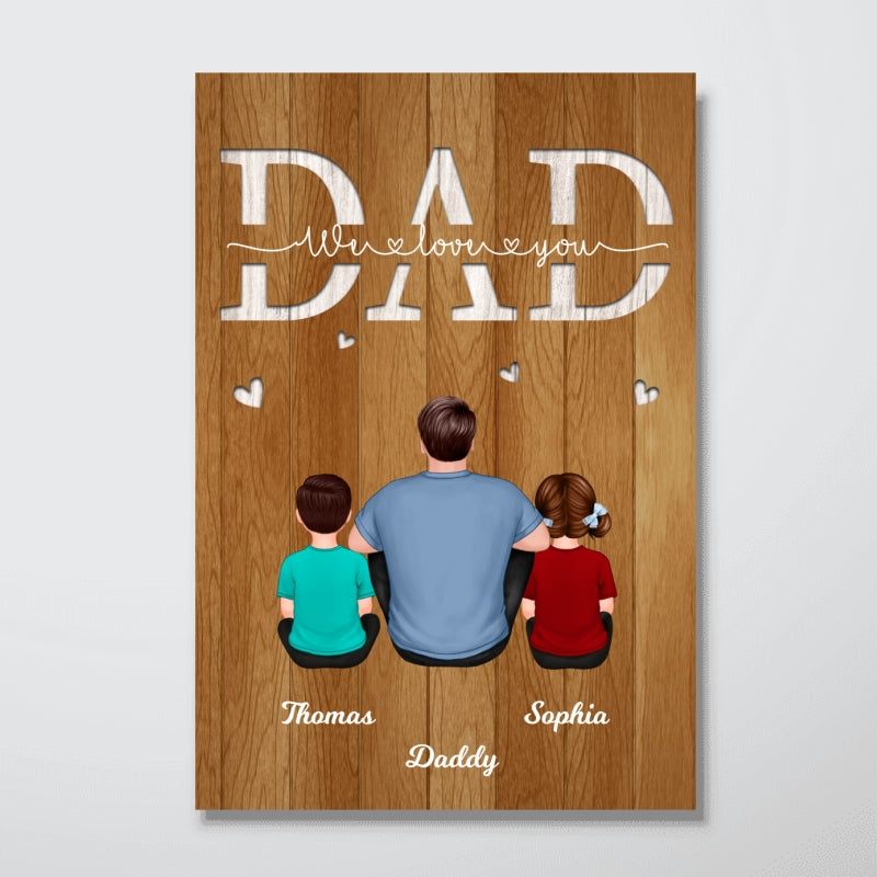 Back View Dad And Kids Dogs Cats Sitting Personalized Poster, Gift For Dad, Husband
