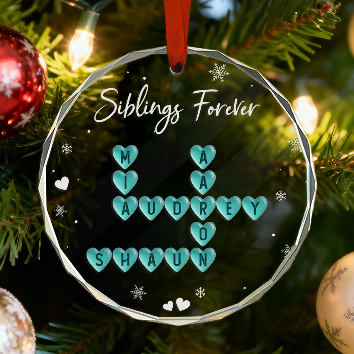 Siblings Forever Heart Sea Glass 3D Inflated Effect Crossword Puzzle Art - Personalized Glass Ornament