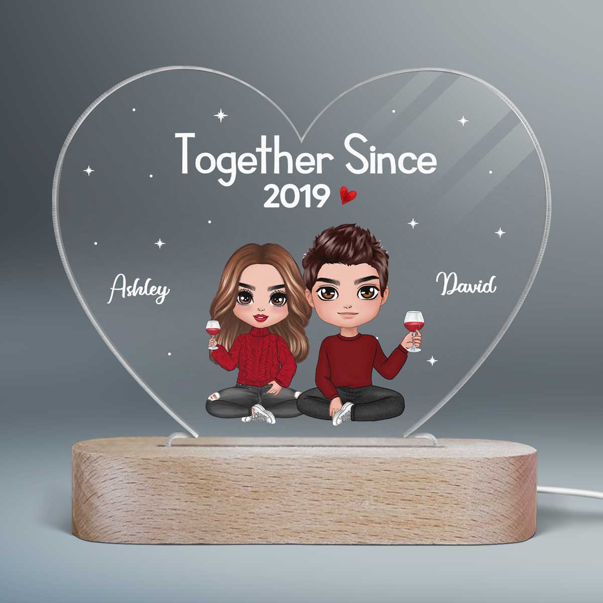 Doll Couple Sitting  Anniversary Gift For Him Gift For Her Personalized Heart Acrylic Plaque LED Lamp Night Light