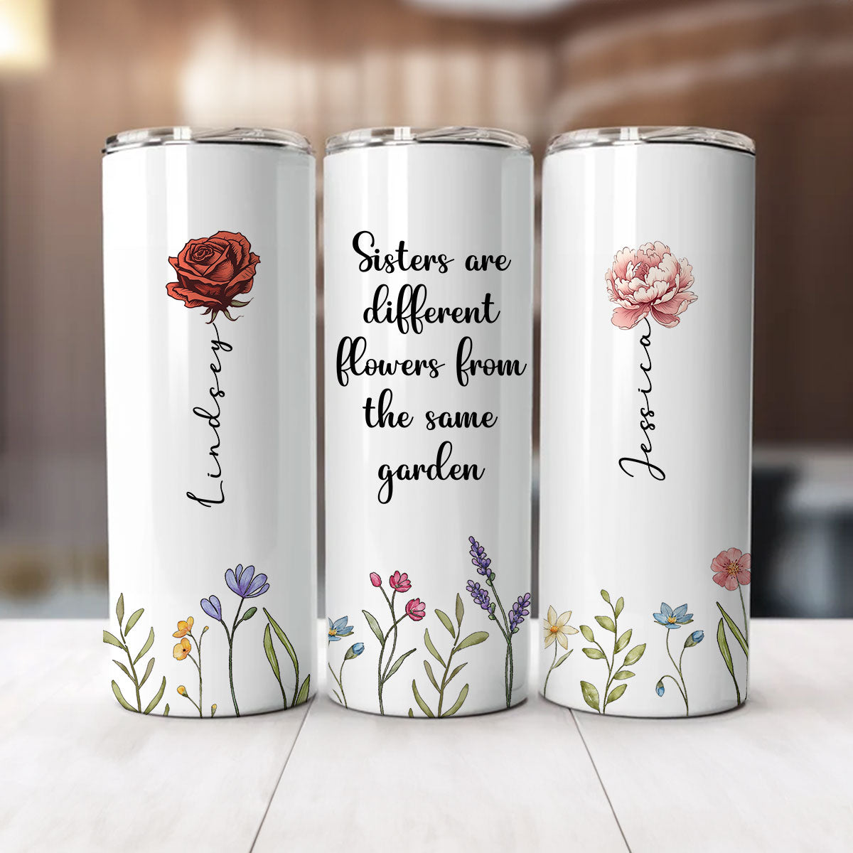 Sisters Are Different Flowers From The Same Garden Personalized Skinny Tumbler, Birthday, Christmas Gift For Sisters, Siblings, Besties