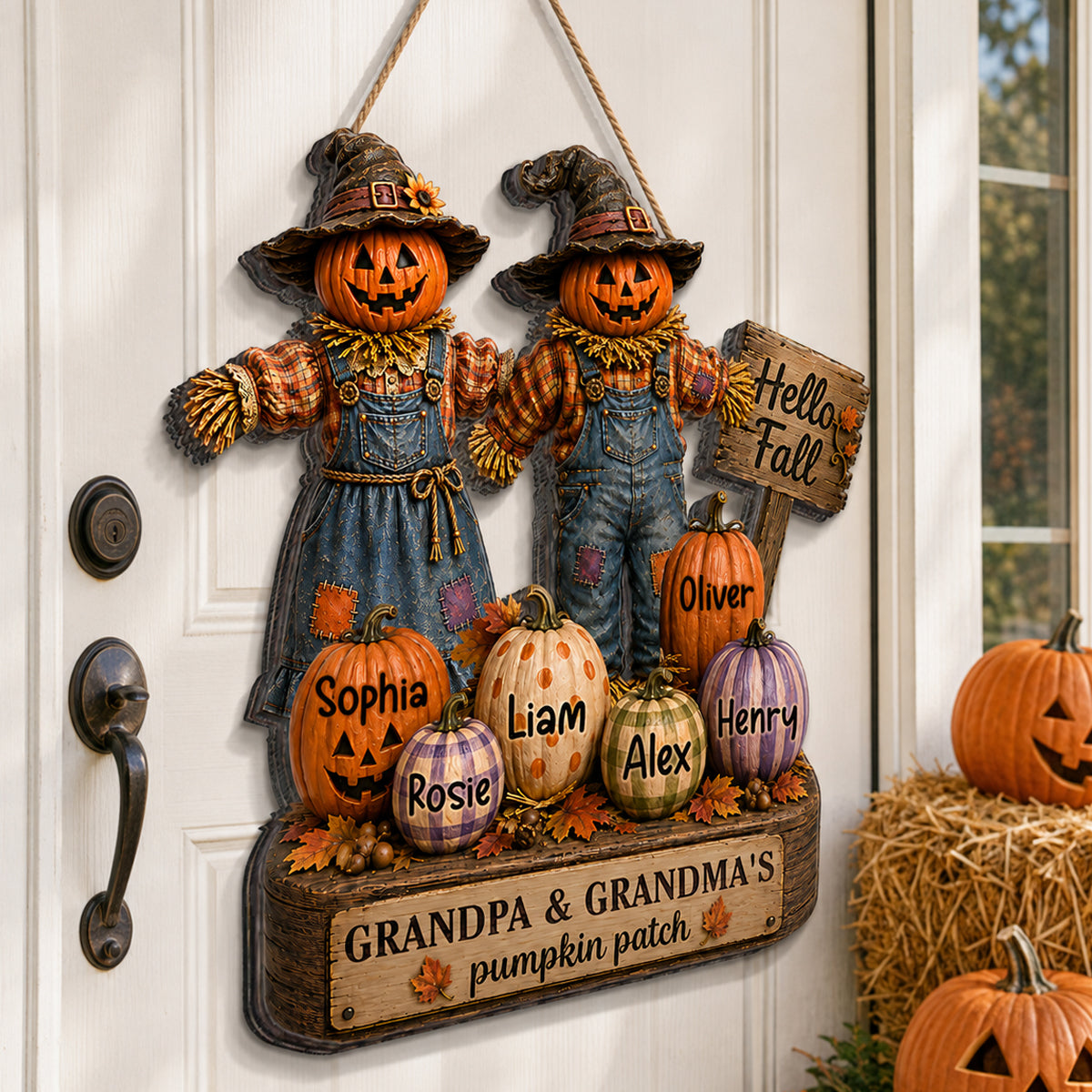 Grandma Grandpa's Pumpkin Patch Scarecrow - Personalized Door Sign - Halloween Fall Decor for Grandparents