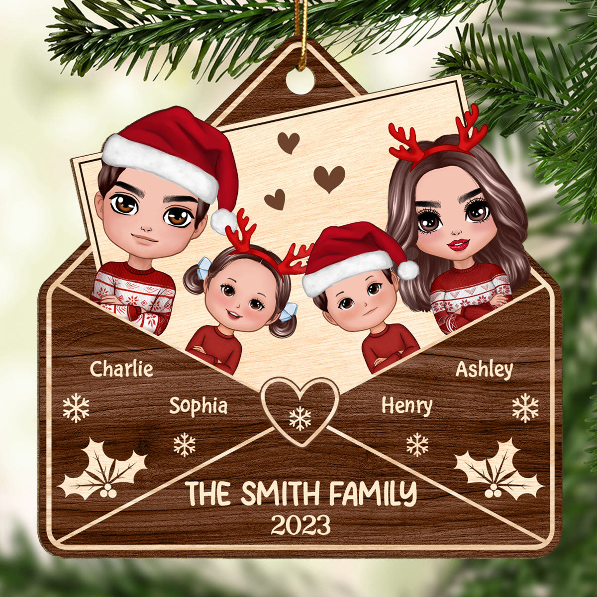 Doll Family In Envelope Christmas Gift Personalized Wooden Ornament