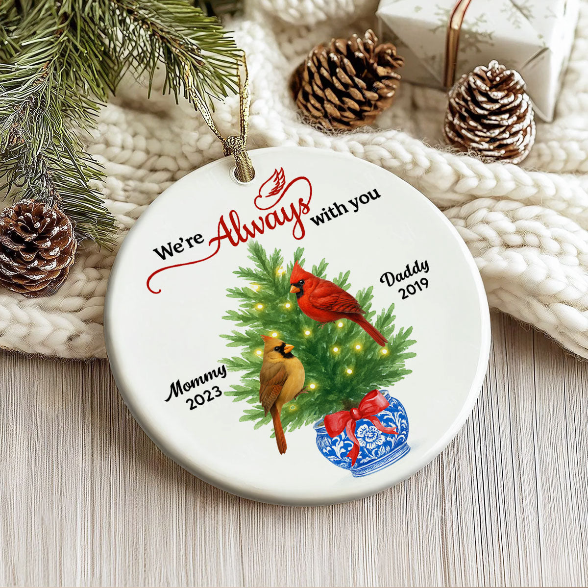 Cardinals Chinoiserie Christmas Always With You - Personalized Ceramic Ornament - Meaningful Sympathy Gift