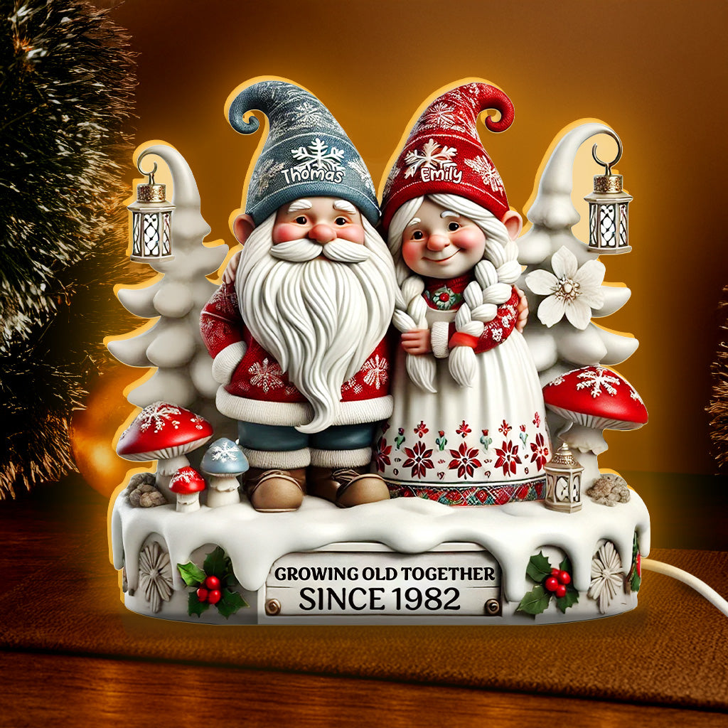 3D Effect Christmas Gnome Couple Growing Old Together - Personalized Light Box - Heartwarming Gift For Couple