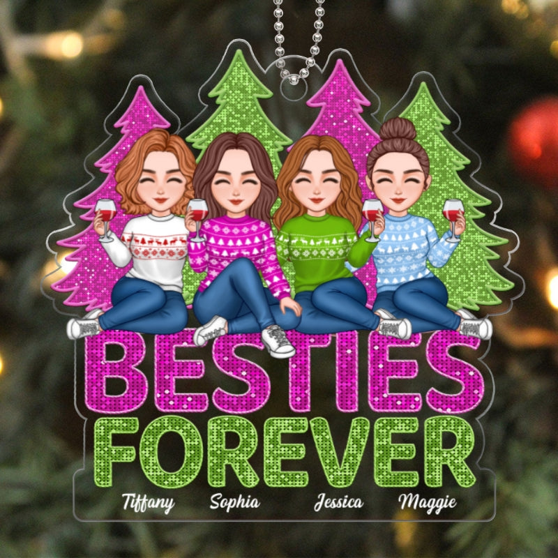 Pink And Green Sequins Texture Christmas Trees Besties Forever Personalized Acrylic Ornament