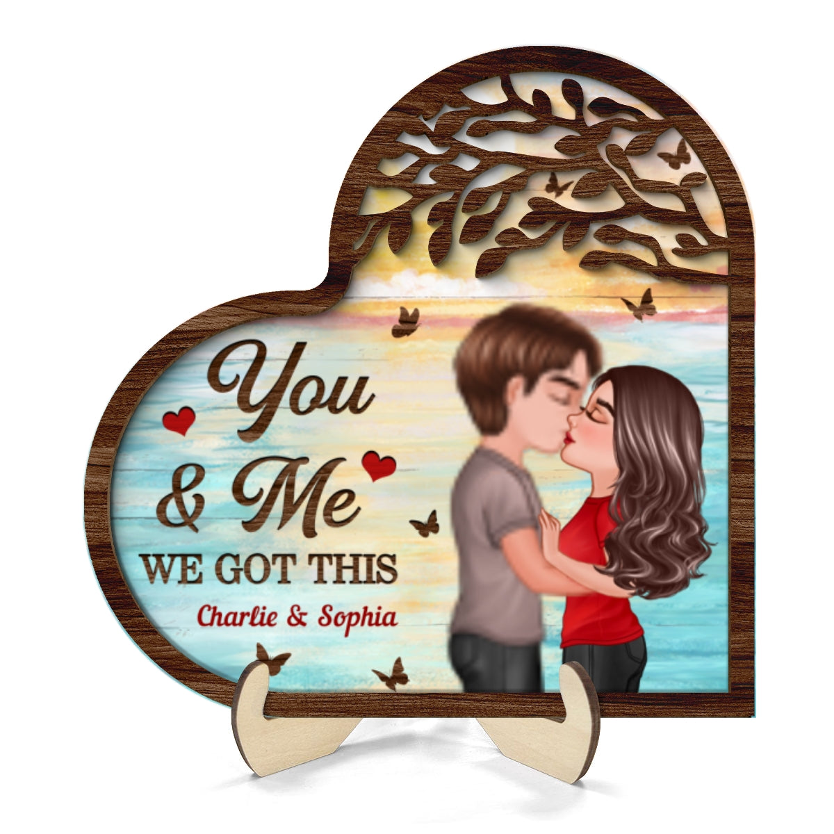 Couple Kissing Under Tree Heart Shaped  Gift For Him For Her Personalized 2-Layer Wooden Plaque