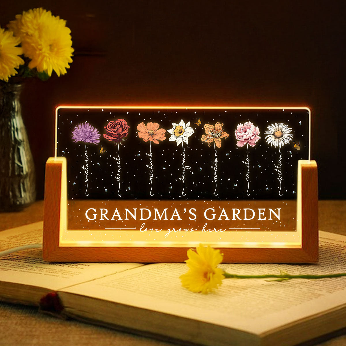 Grandma's Garden Love Grows Here Birthmonth Flowers Personalized U-Base Acrylic LED Night Light, Grandkids Names Floral Gift