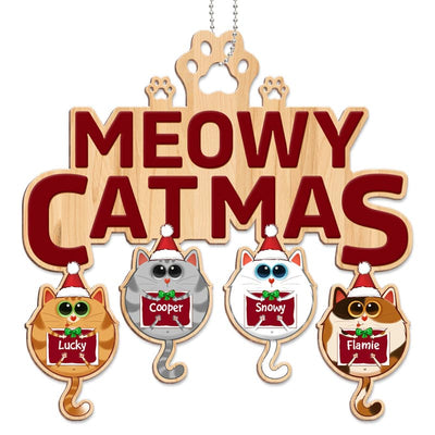 Meowy Catmas Round Fluffy Cat Personalized Christmas Wooden Ornament