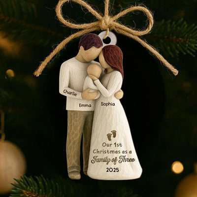 2D Flat Printed First Christmas As Family Of Three Mom Dad & Baby - Personalized Wooden Ornament