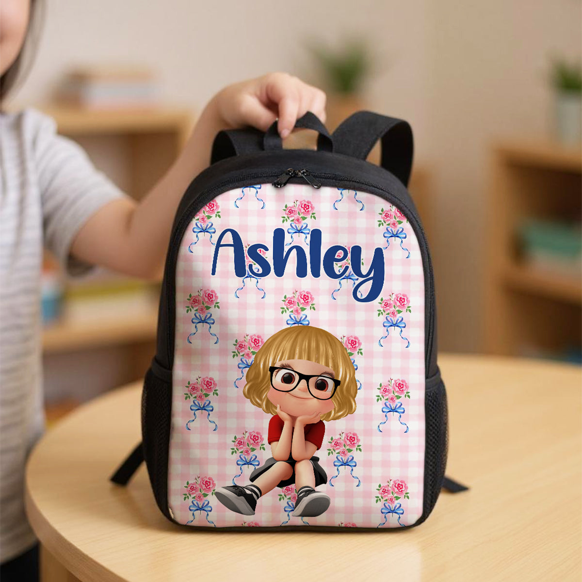 Floral Pink Pattern Personalized Backpack, Custom Back to School Kids Backpack, Kindergarten Elementary School Bookbag for Girl