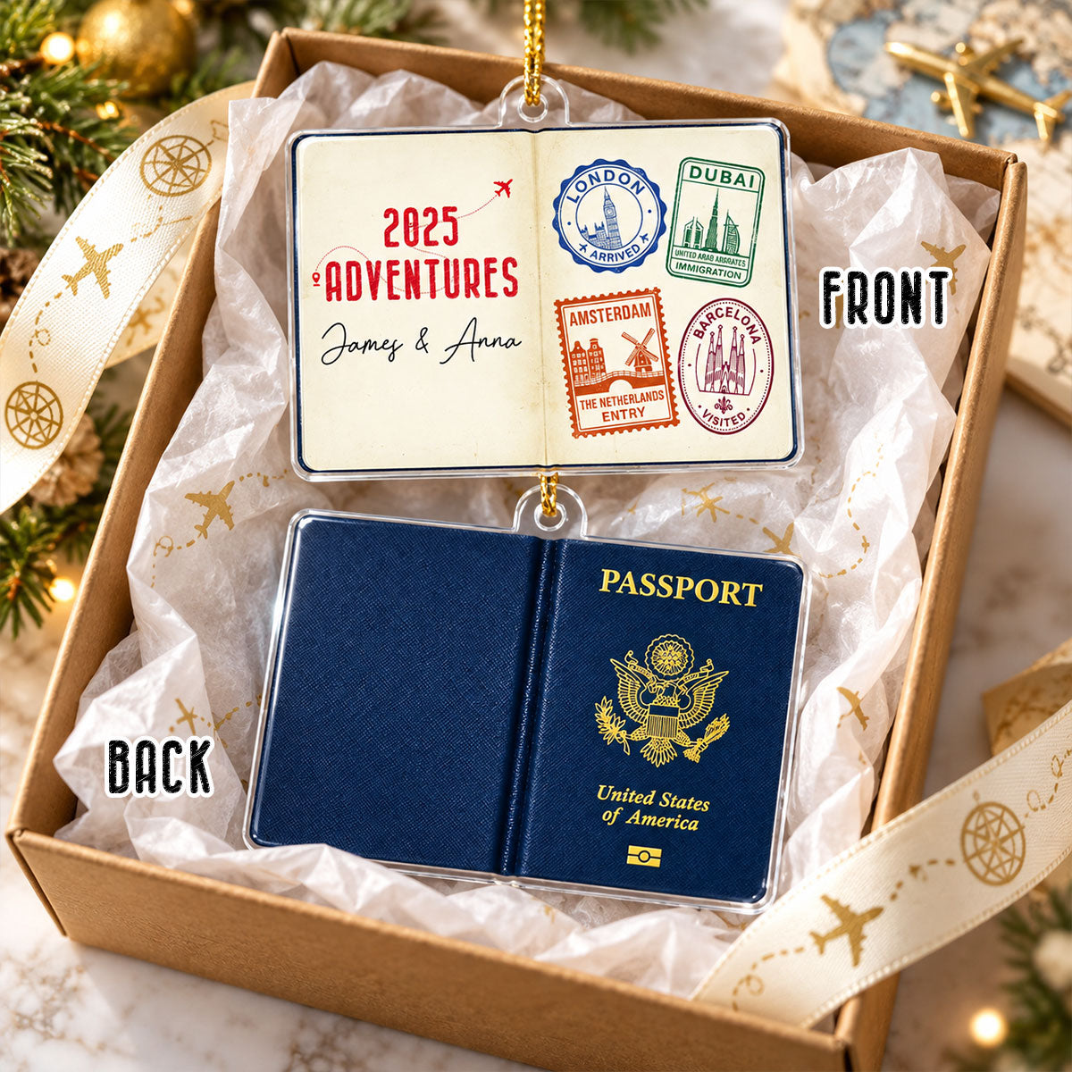 Travel Passport Stamps - Personalized Acrylic Ornament - Custom Adventure Keepsake Gift for Couples & Travelers