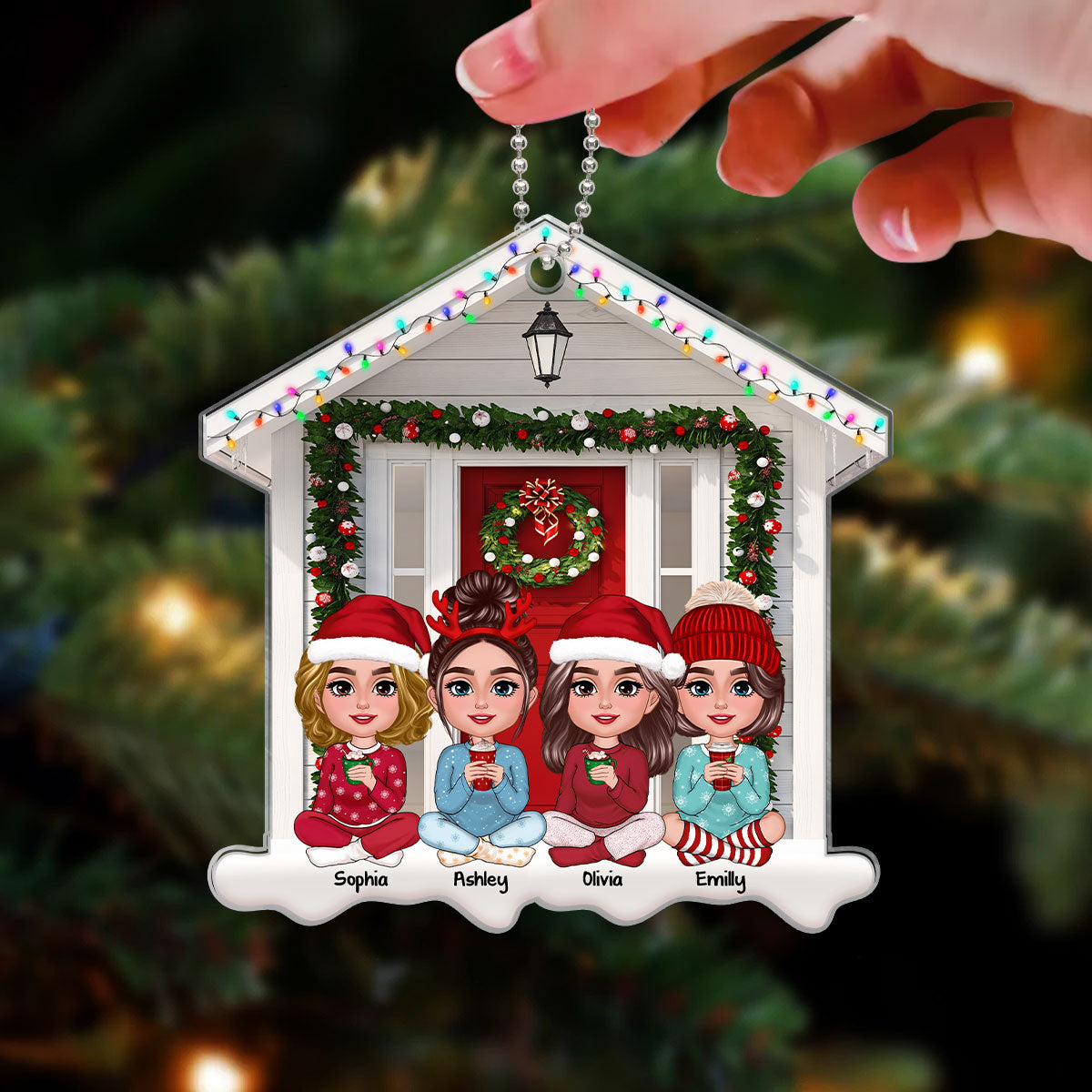Besties Sisters Sitting Front Door House Shaped Personalized Acrylic Ornament