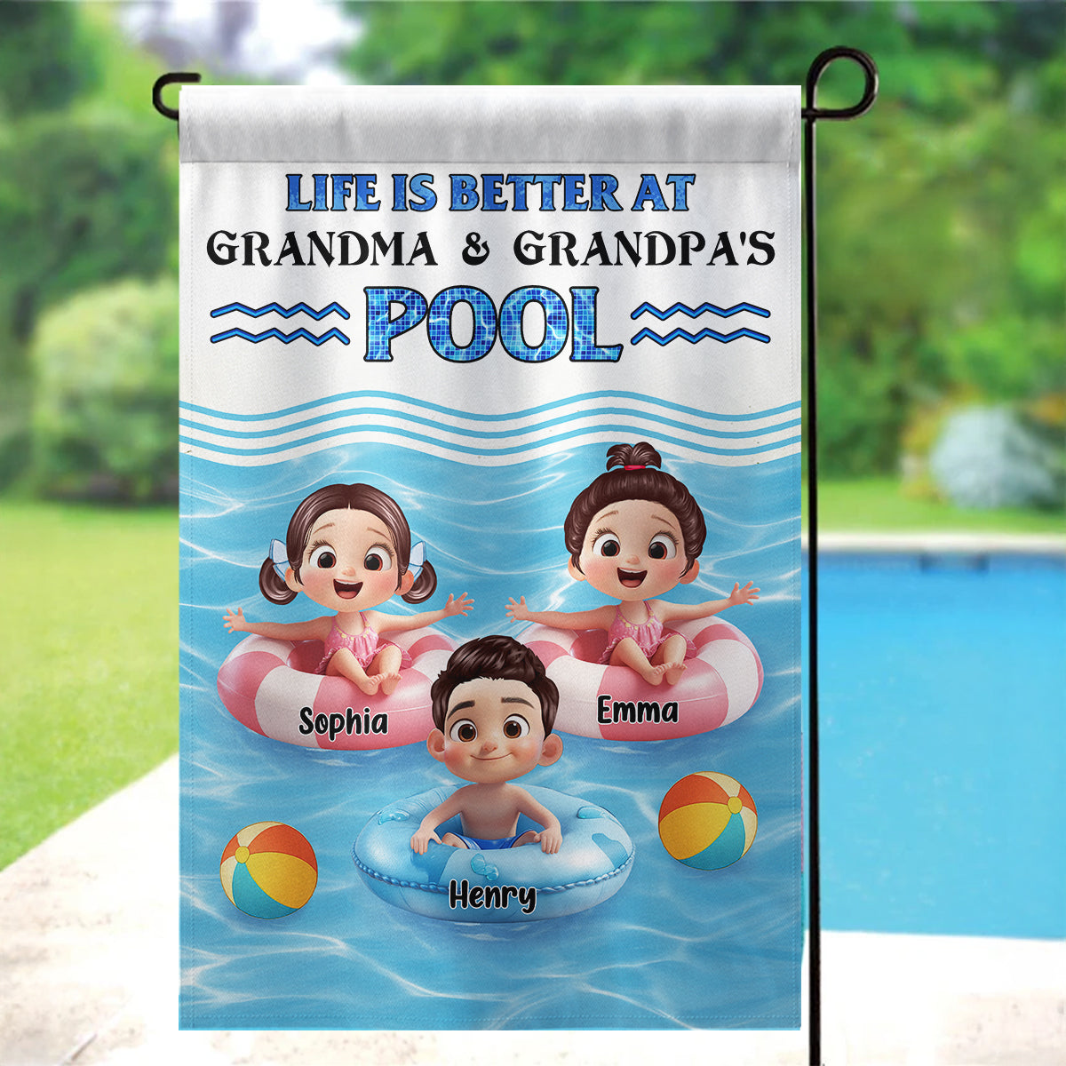 Life is Better at Grandma & Grandpa Pool Personalized Garden Flag, Grandchildren Welcome Flag