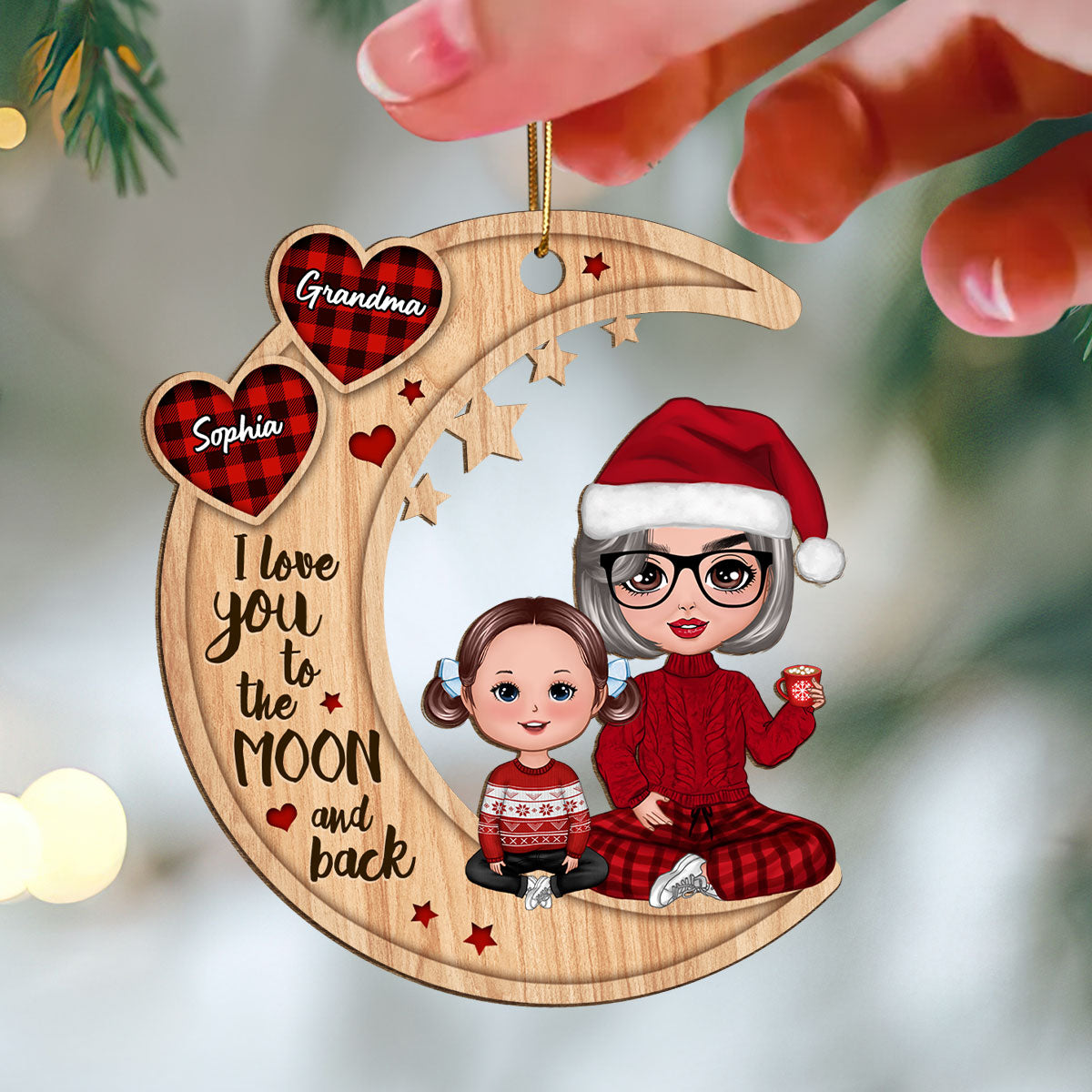 Checkered Pattern Heart Doll Grandma & Grandkid Sitting On Moon Personalized Wooden Ornament