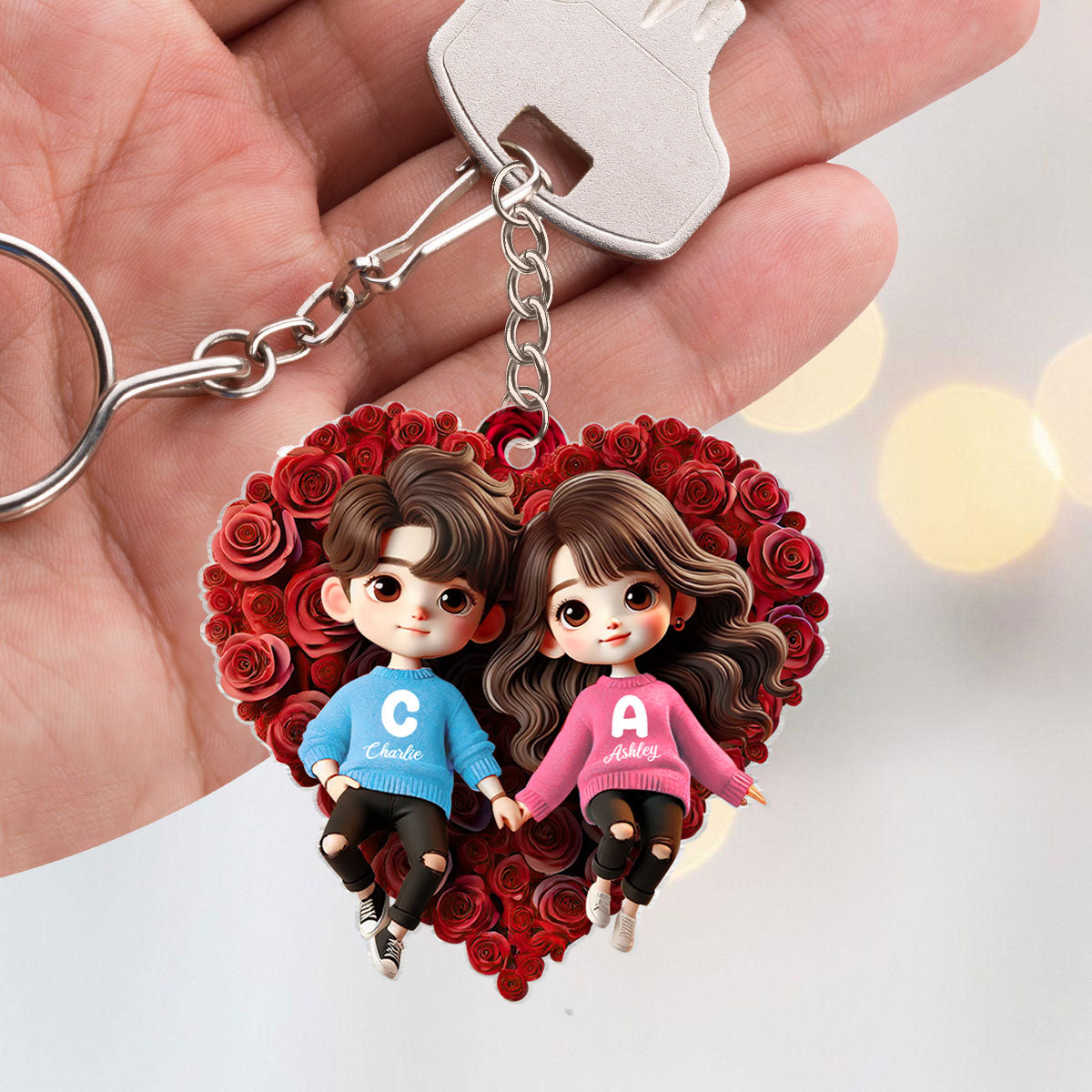 Cute Couple Lying On Rose Heart Personalized Acrylic Keychain, Gift For Him, Gift For Her, Gift For Valentine's Day