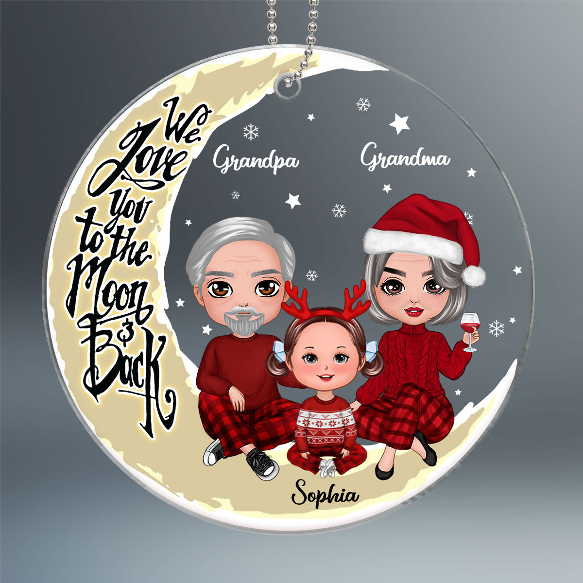 Grandpa Grandma Grandparents & Grandkid On Yellow Moon Personalized Acrylic Ornament