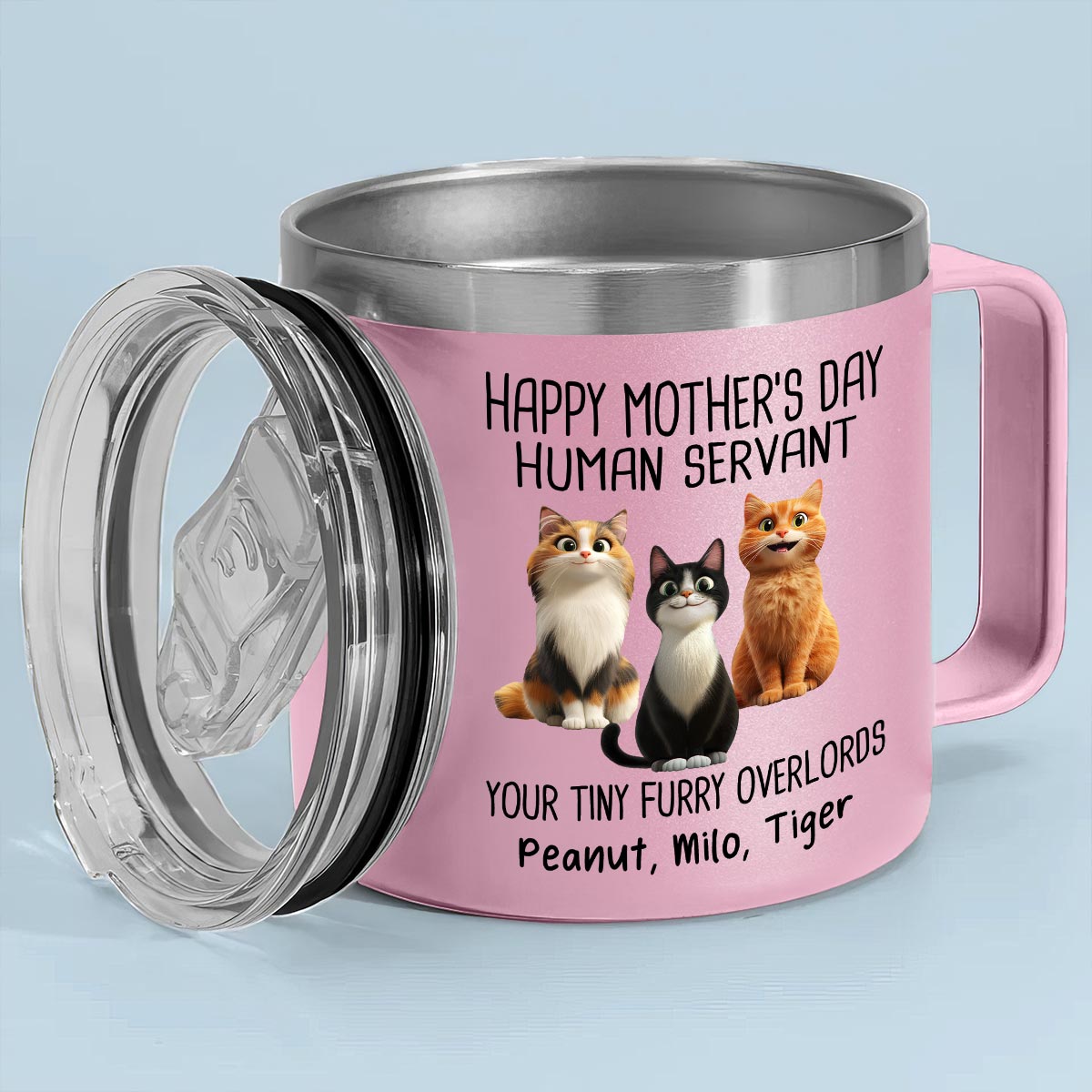 Happy Mother's Day Father's Day Human Servant Cartoon Funny Cats Personalized Stainless Steel Tumbler With Handle