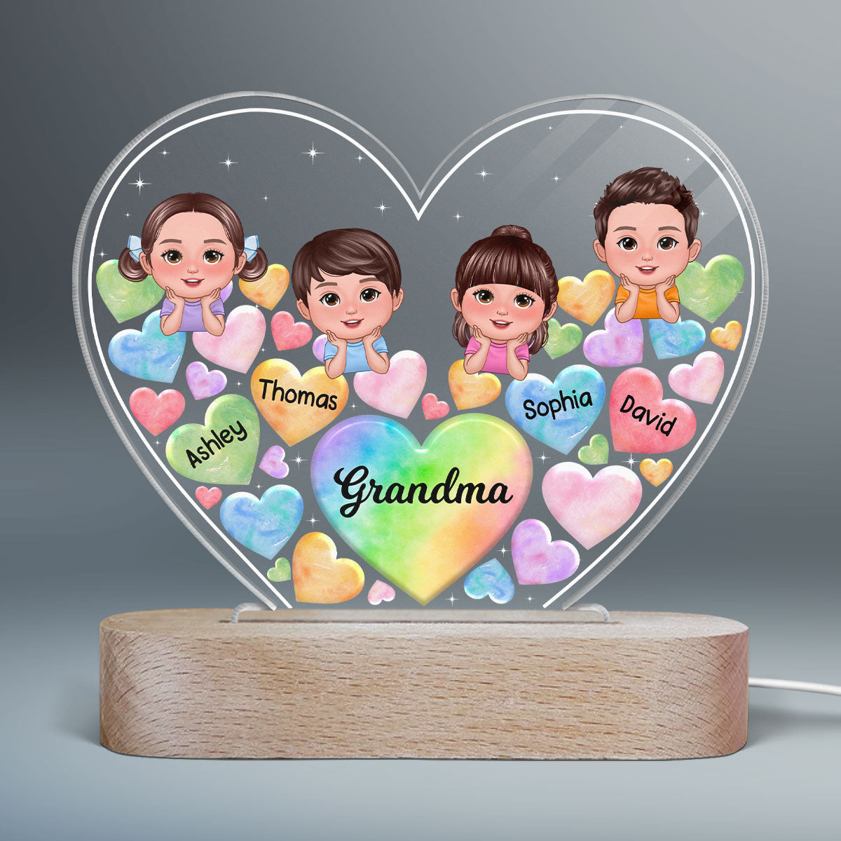 Kids Chin On Hand Hearts In Heart Gift For Mom Grandma Personalized Heart Acrylic LED Night Light