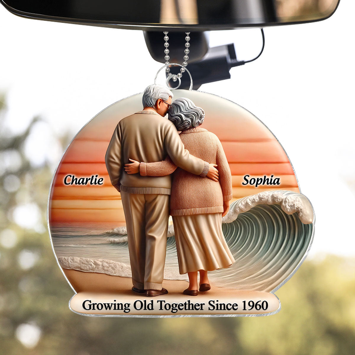 3D Effect Old Couple Walking Sunset Beach Landscape Personalized Car Hanger Ornament, Heartfelt Gift For Couple, For Him, For Her, Husband, Wife