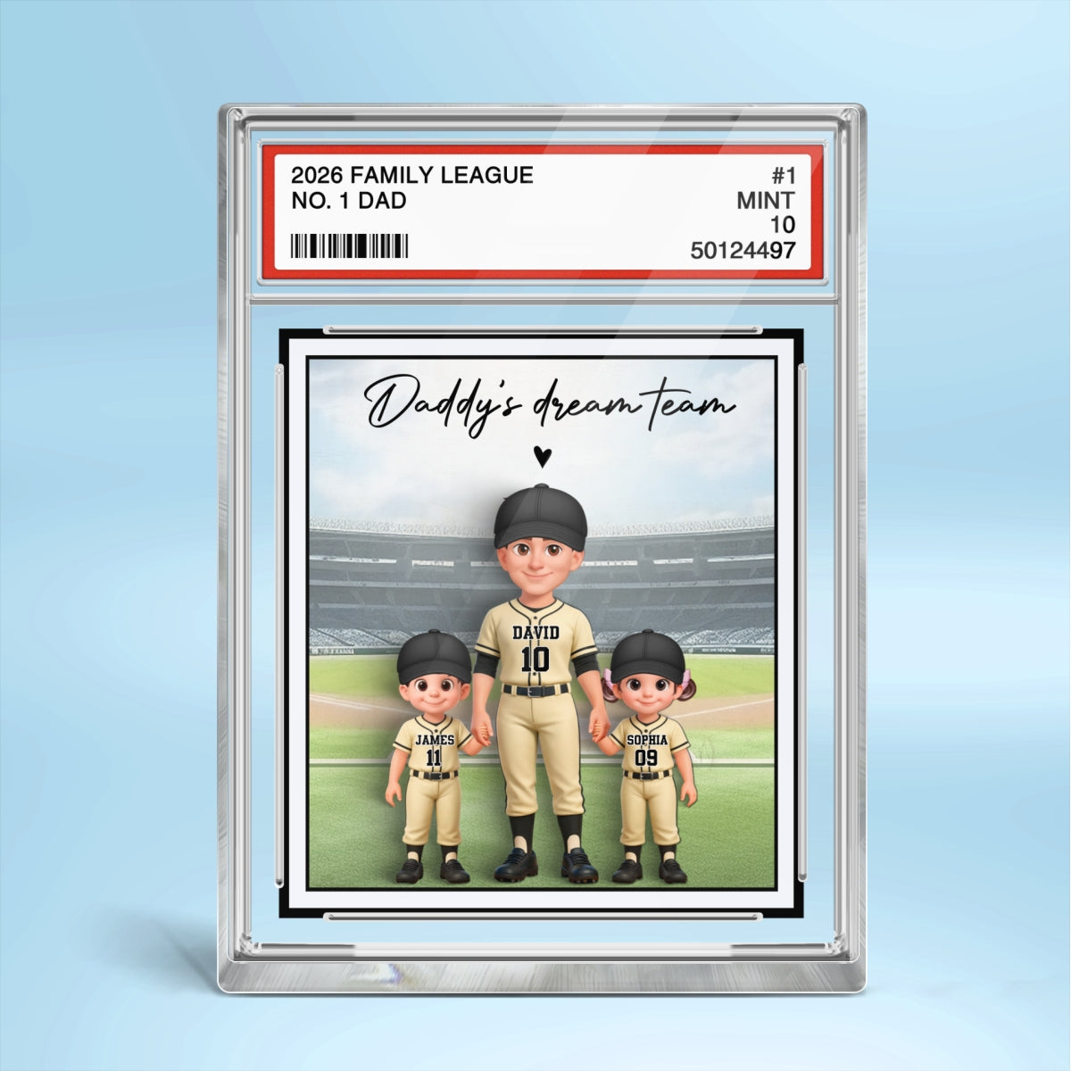 Baseball No. 1 Dad Man & Kids Standing On Court Trading Card Style - Personalized Acrylic Block Plaque - Father's Day Gift For Baseball Dad