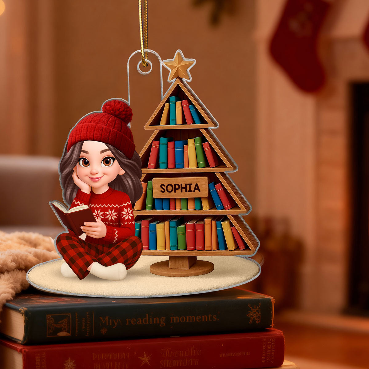Christmas Cozy Vibe Pretty Girl Reading Book - Personalized Acrylic Ornament - Gift For Book Lovers