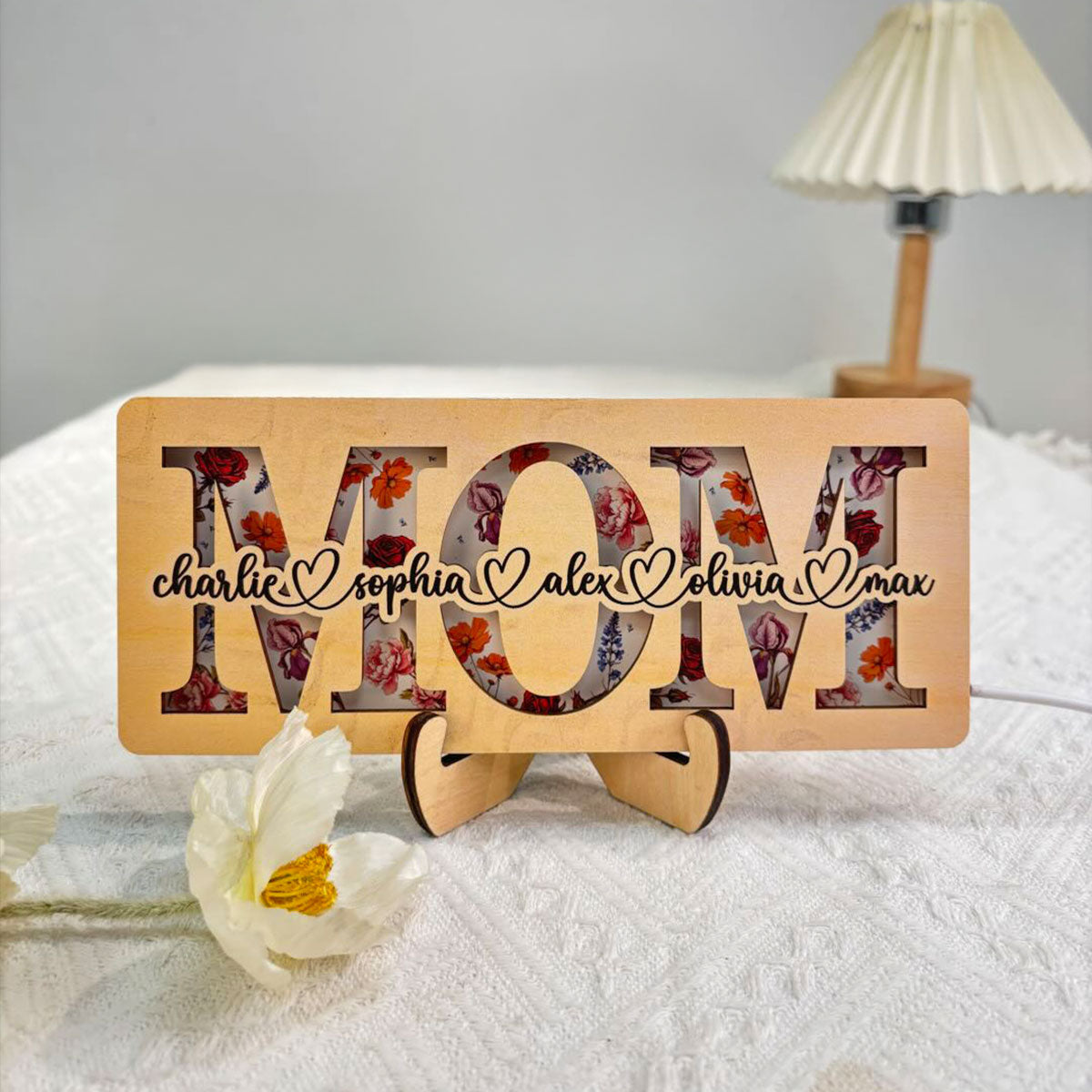 Personalized Mom Birth Month Flowers, Gift for Mom, Mom 2-Layer Wooden Plaque With LED, Mom Gifts from Kids