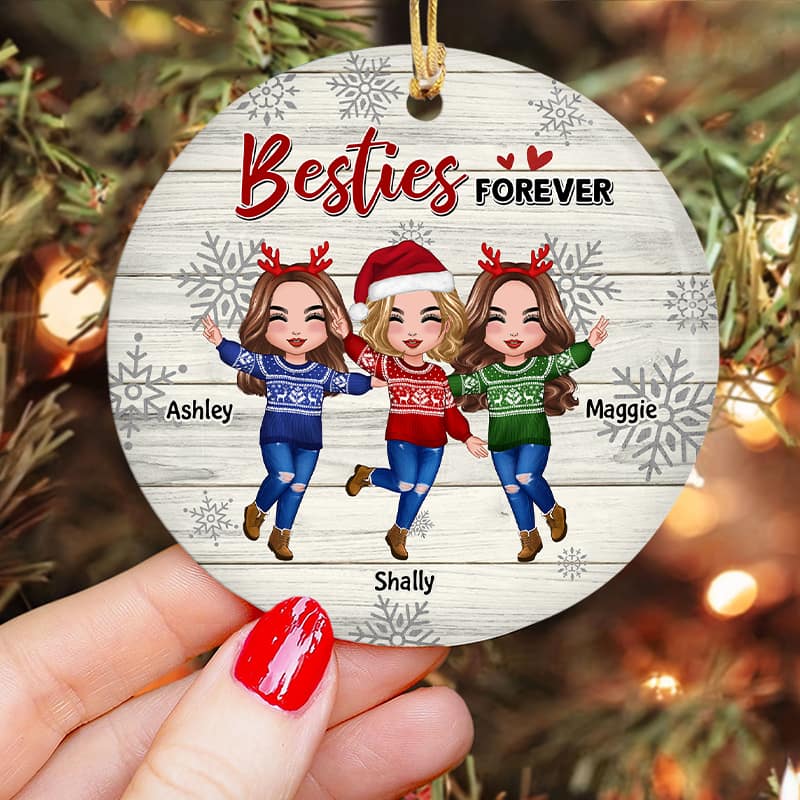 Best Friends Sisters Snowflakes Stripe Personalized Circle Ornament