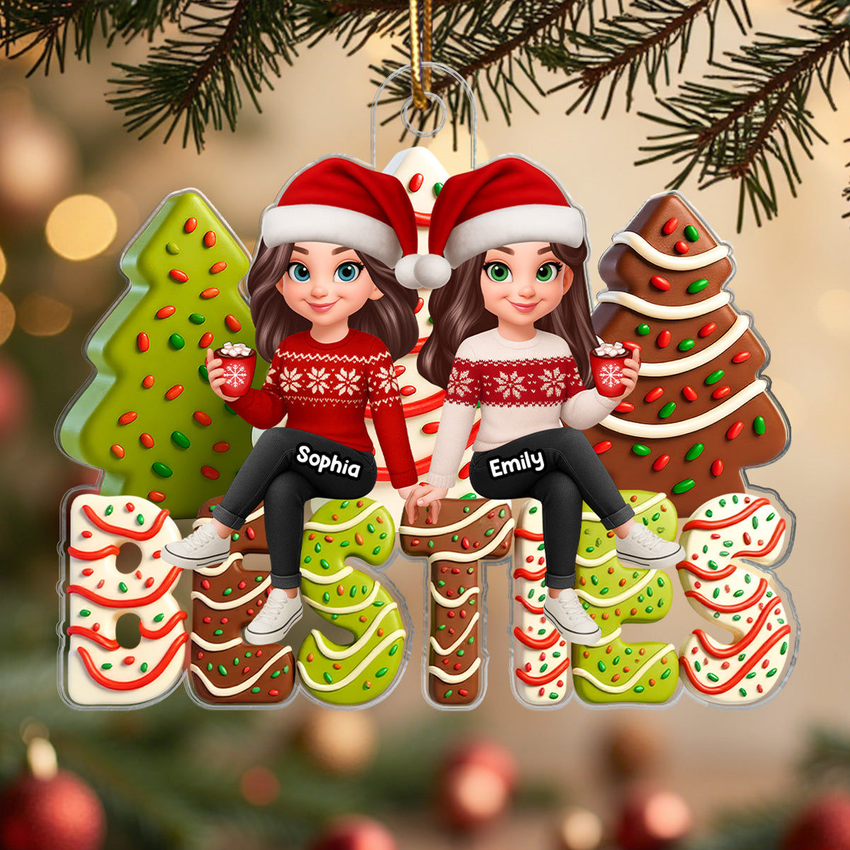 3D Effect Christmas Tree Cake Besties - Personalized Acrylic Ornament - Gift For Best Friends