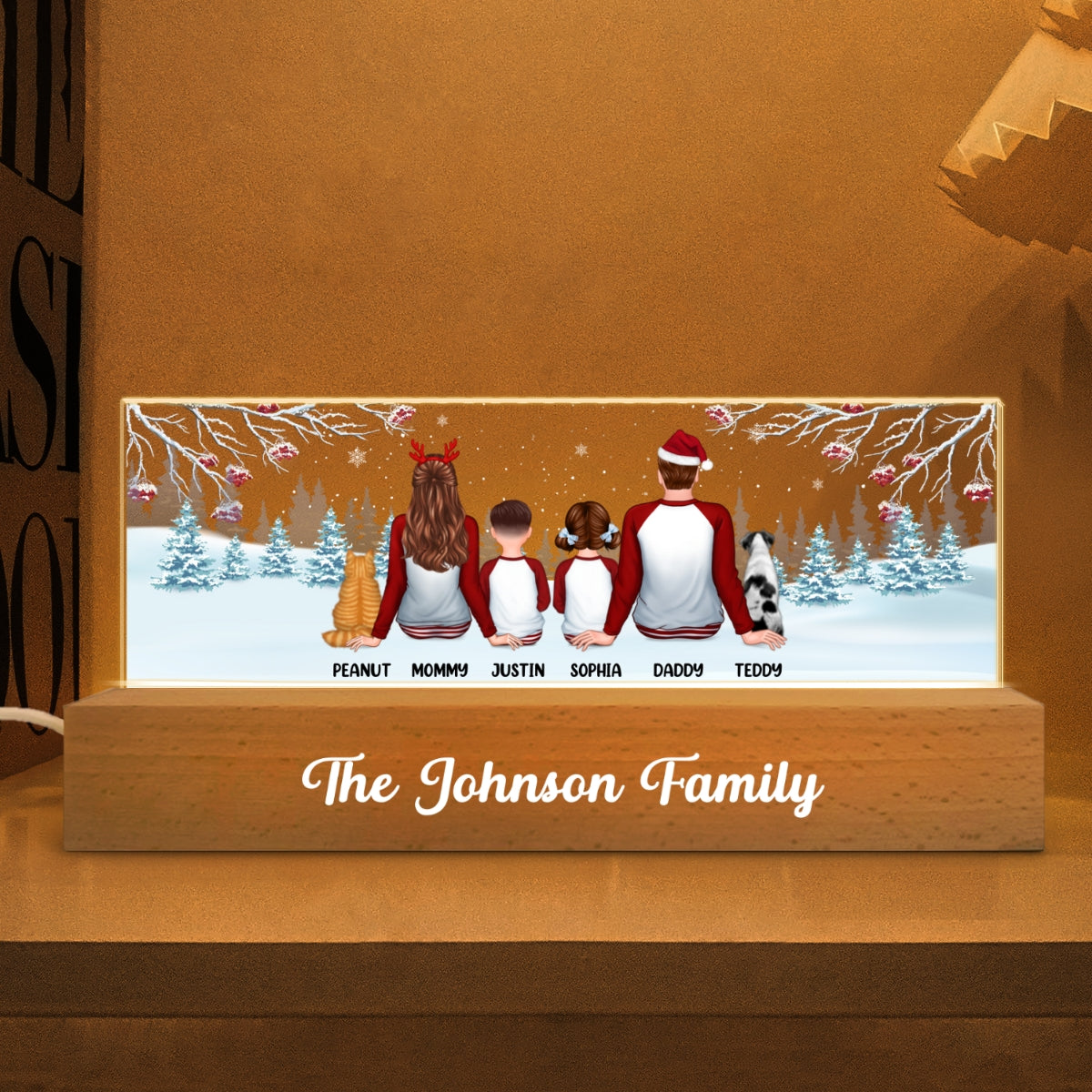 Family Back View Pajamas In Snow Personalized Acrylic Block LED Night Light