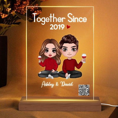 Doll Couple Sitting Scannable QR Code Gift For Him Gift For Her Personalized Rectangle Acrylic Plaque With LED Night Light