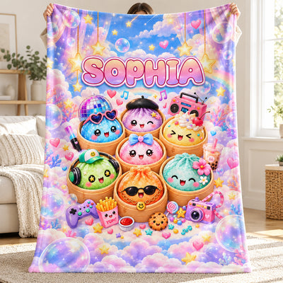 Squishy Dumpling Kawaii Bao - Personalized Fleece Blanket - Christmas Gift for Boys Girls, Daughter Son, Grandkids