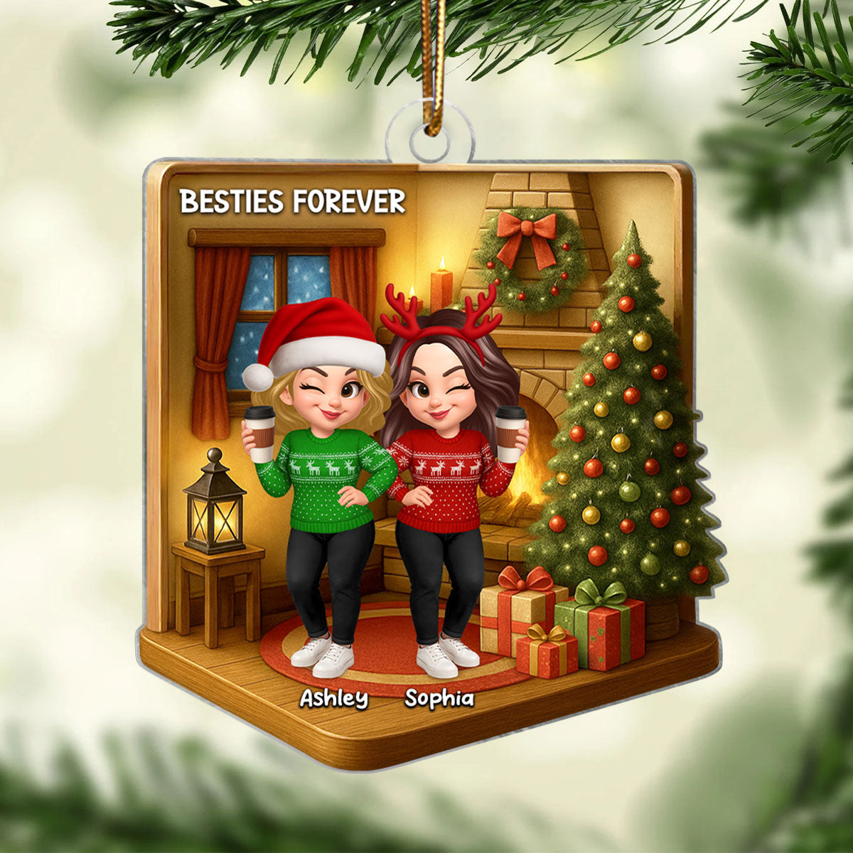 Christmas Besties Sisters In House 3D Effect Personalized Acrylic Ornament