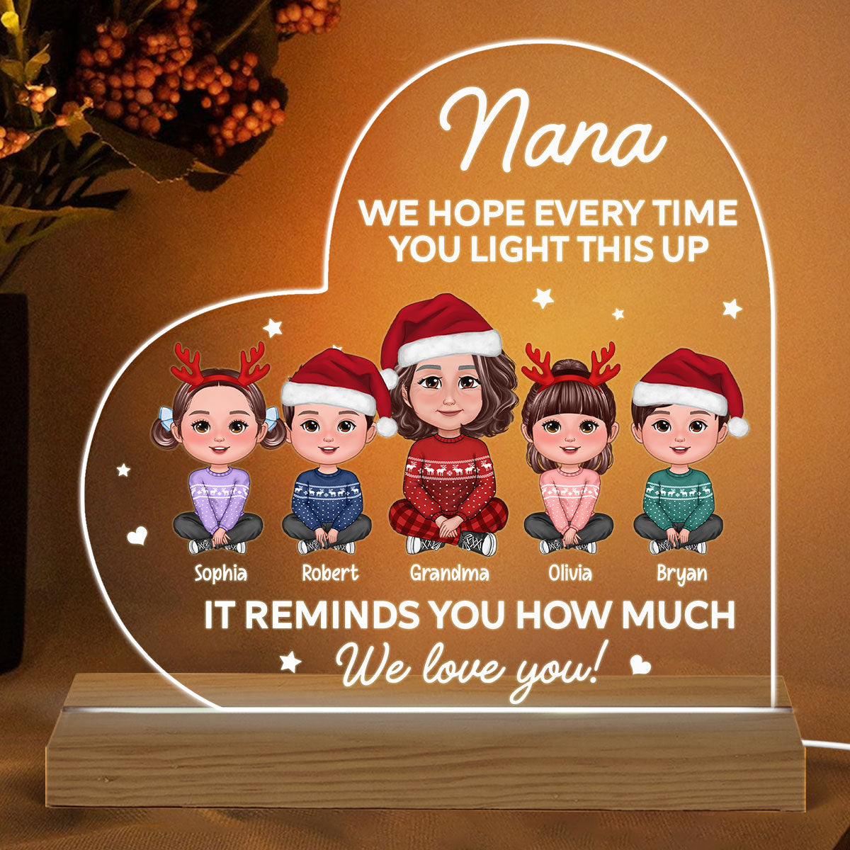 Light This Up Grandma Grandkids Crossed Legs Christmas Gift For Grandma Personalized Heart Acrylic Plaque With LED Night Light