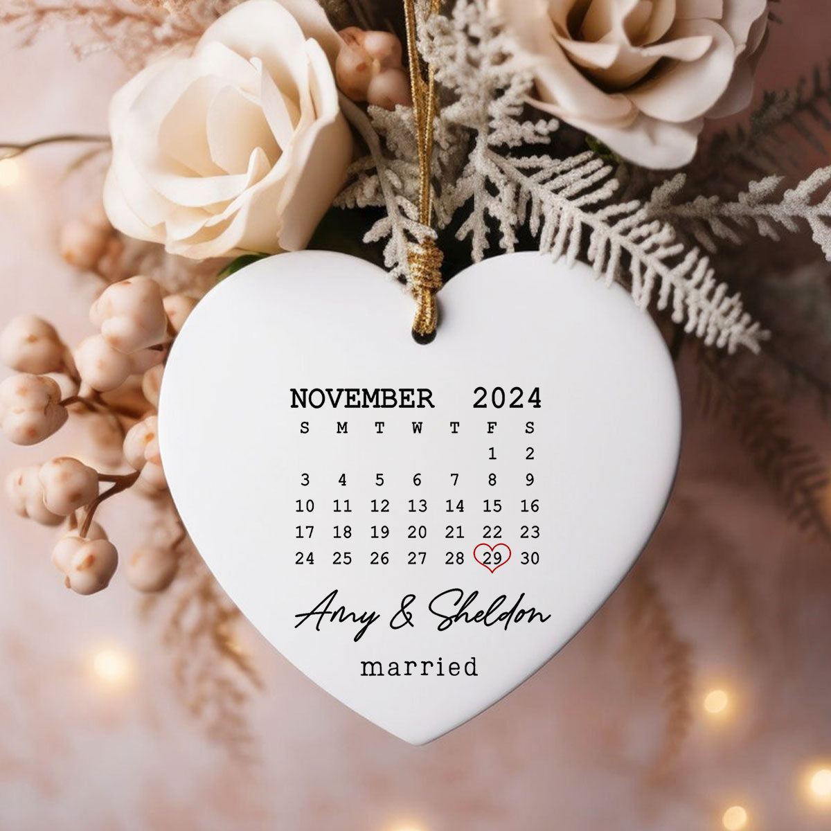 Couple Married Wedding Date Calendar Personalized Ceramic Heart Ornament, Wedding Gift,  Anniversary Gift, Our First Christmas, Newlywed Gift, Wedding Gift