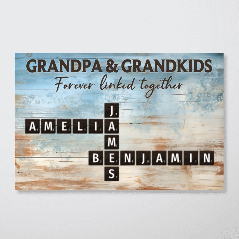 Grandpa & Grandkids Forever Linked Together Crossword Puzzle Art Rustic Personalized Poster, Heartfelt Father's Day Gift For Grandpa