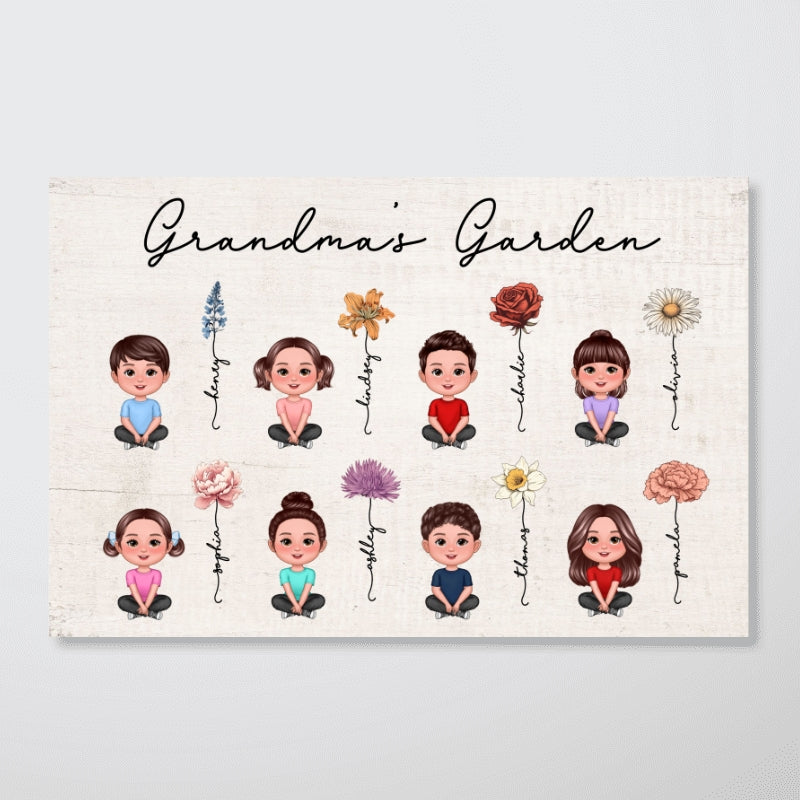 Grandkids Sitting Crossed Legs Grandma Garden Vintage Birth Month Flowers Mother‘s Day Gift Personalized Horizontal Poster