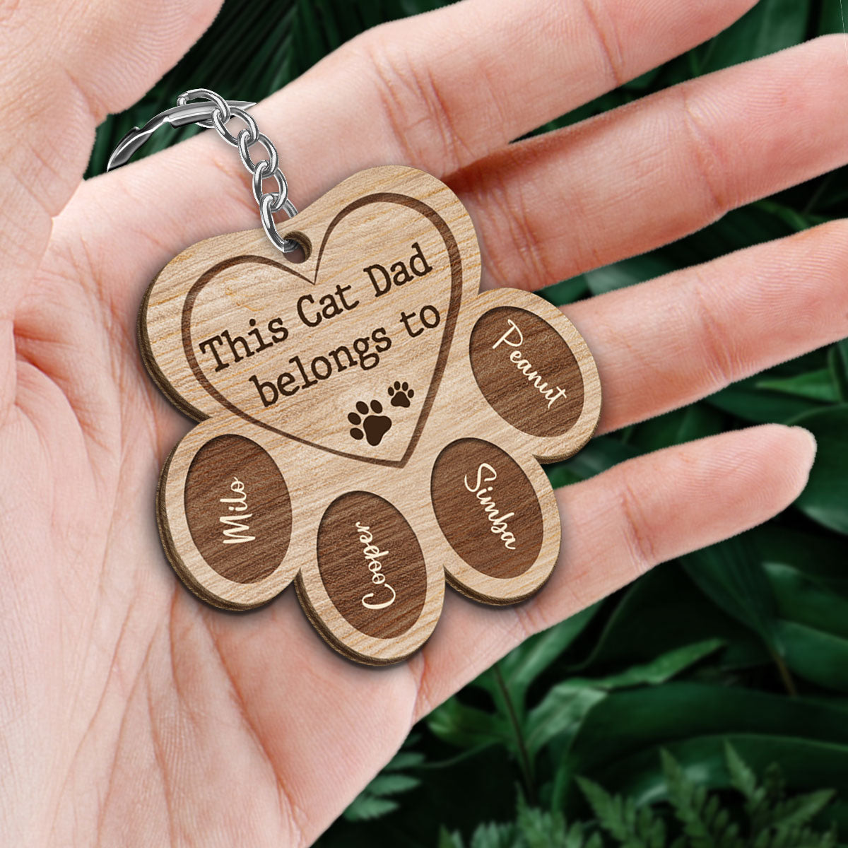 This Cat Dad Belongs To Paw Shape Personalized Wooden Keychain