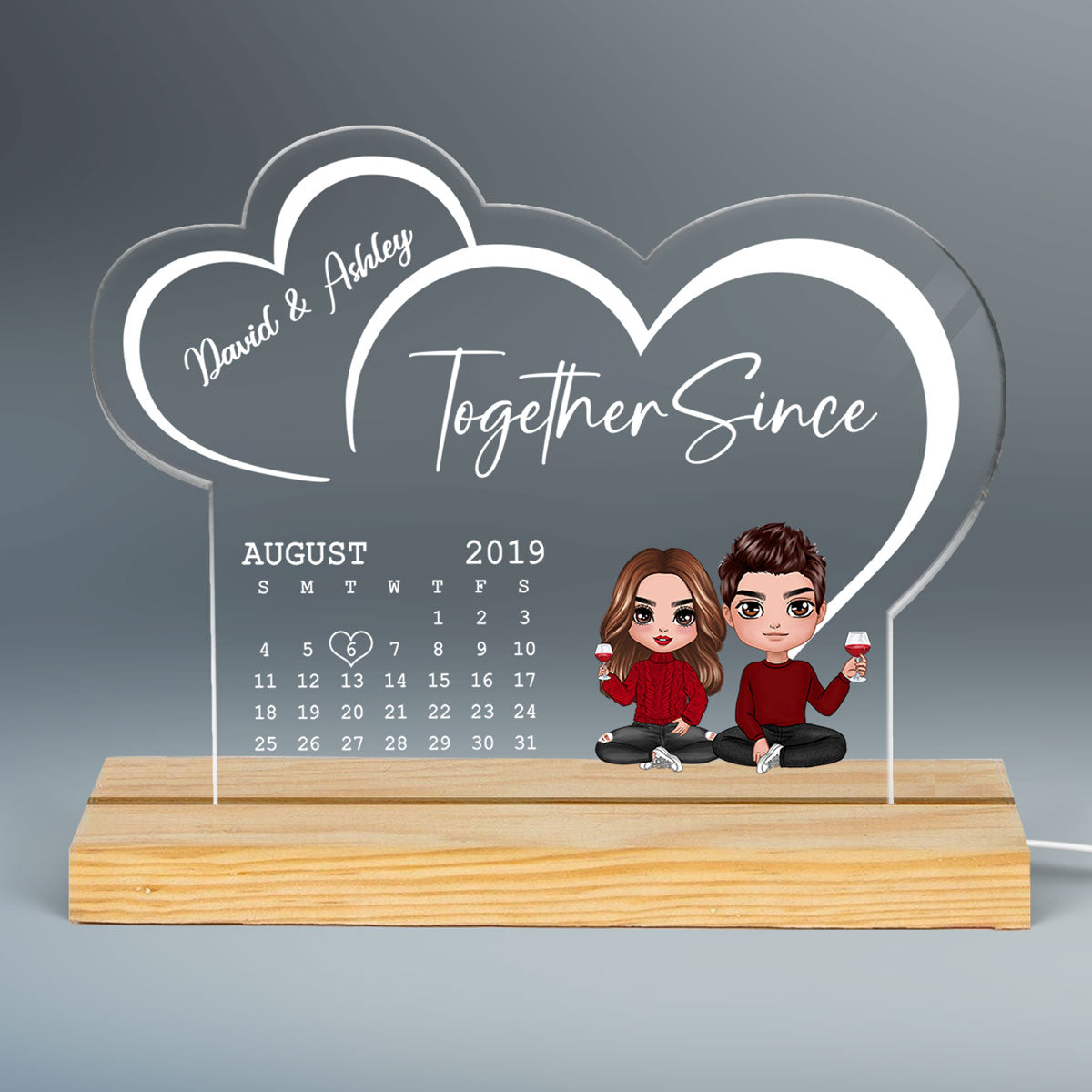 Doll Couple Sitting Anniversary Date Calendar Two Hearts Personalized Acrylic Plaque With LED Night Light