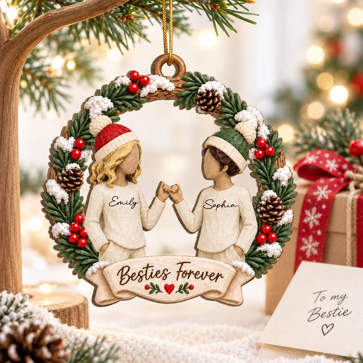 Christmas Besties Forever Pinky Promise - Personalized Wooden Ornament - Friendship Keepsake