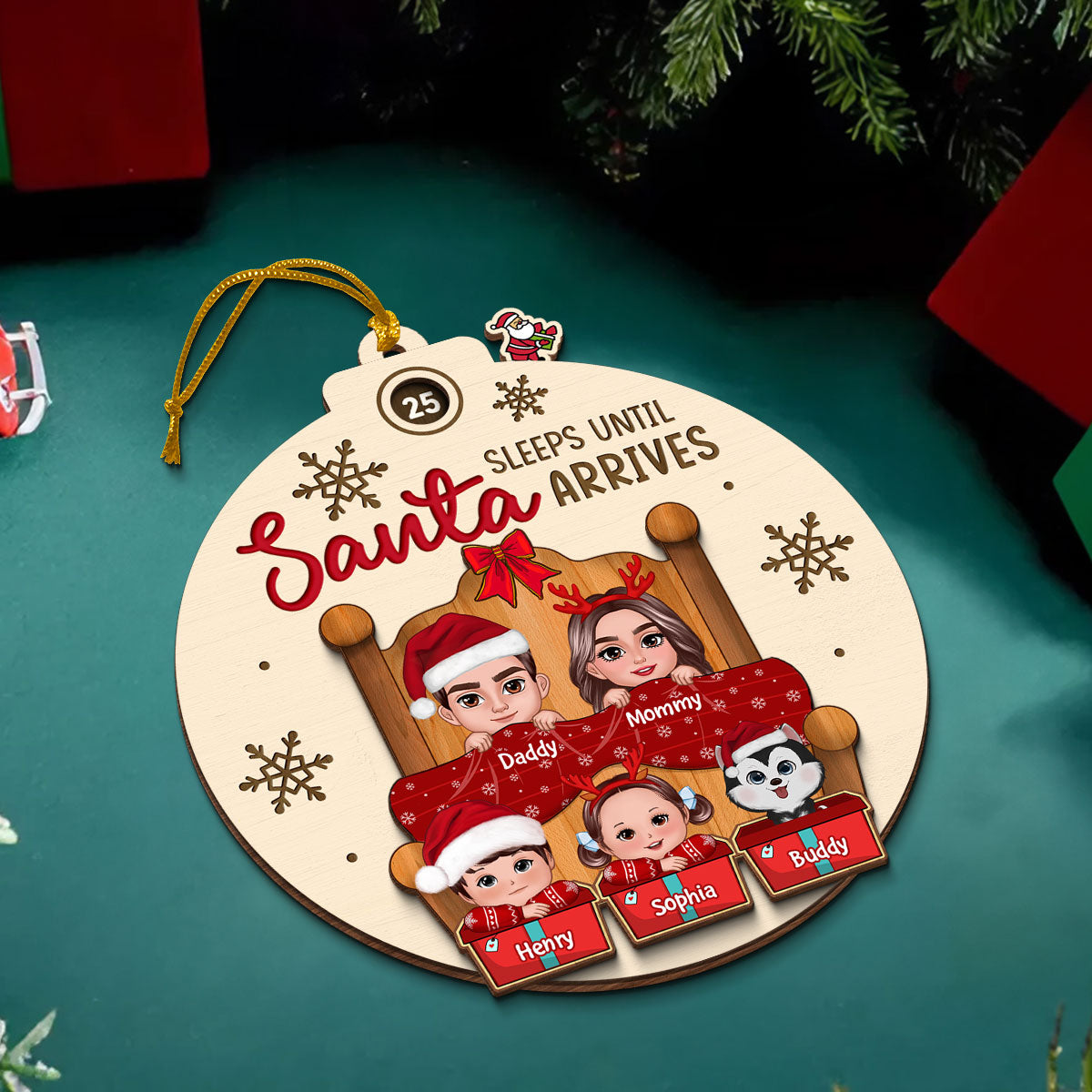 Sleeps Till Santa Arrives Christmas Doll Family Couple Dogs Cats On Bed Personalized Countdown Ornament
