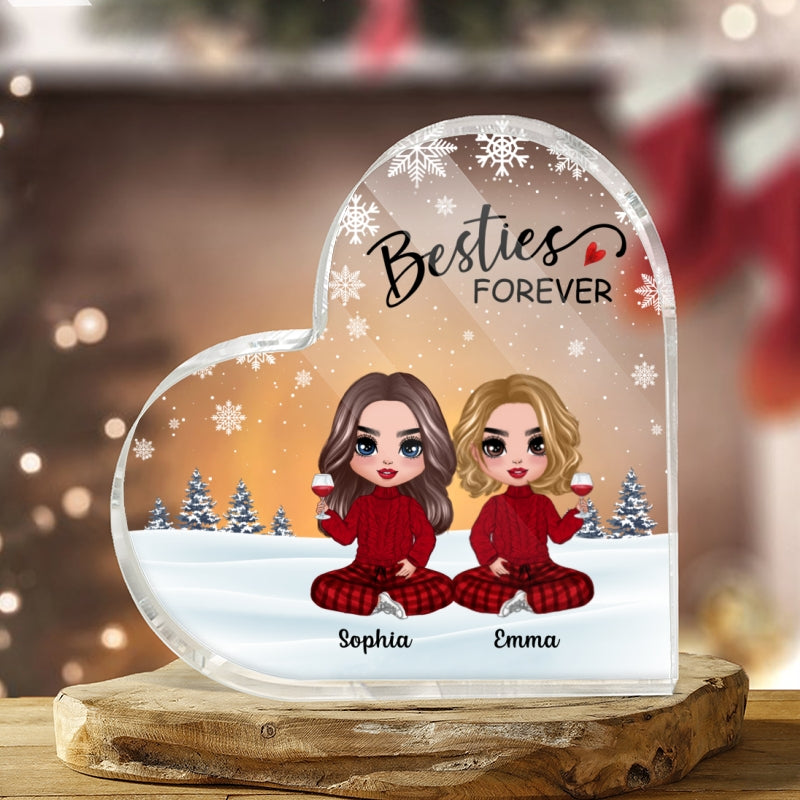 Doll Besties Sitting Snow Background Personalized Heart Acrylic Plaque