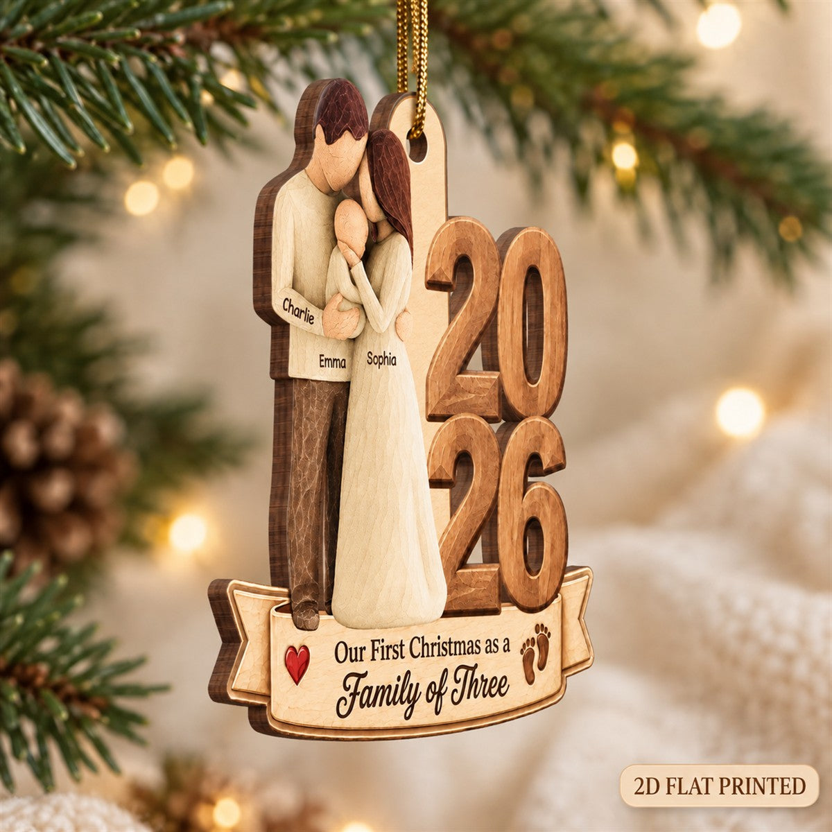 Our First Christmas As Family Of Three Custom Year 2D Flat Printed - Personalized Wooden Ornament - Christmas Tree Keepsake For New Parents