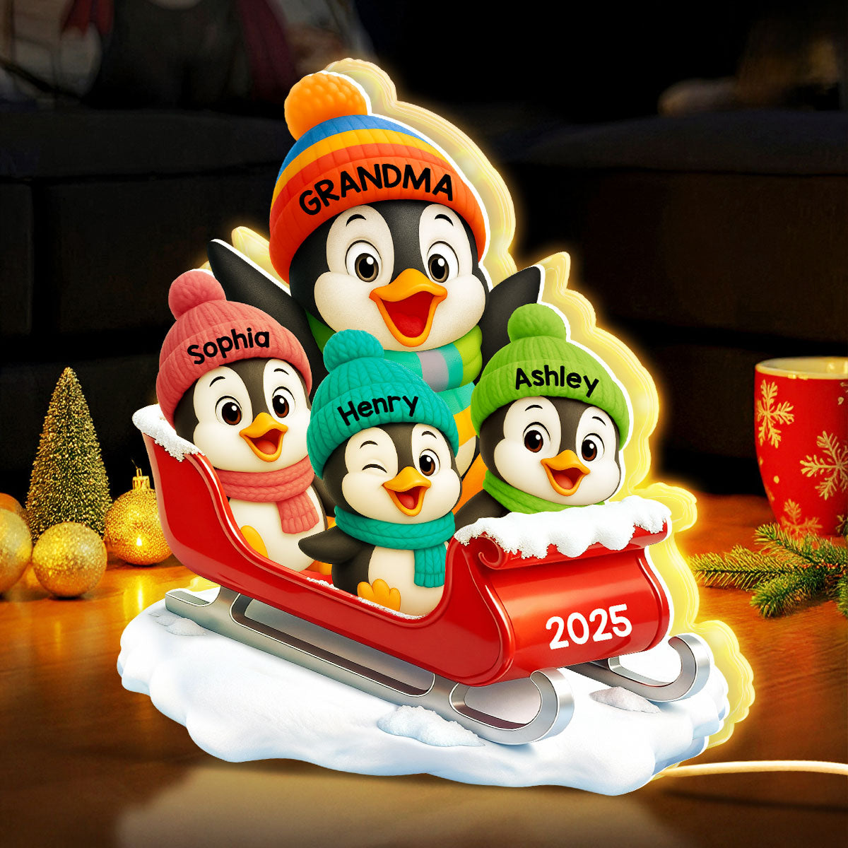 3D Effect Cute Grandma Grandkids Penguin On Sleigh - Personalized Light Box