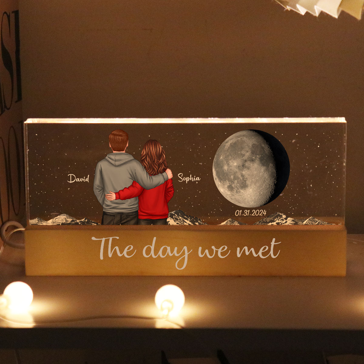 Back View Couple Custom Moon Phases The Day We Met Personalized Acrylic Block LED Night Light, Heartfelt Gift For Couple, For Him, For Her, Boyfriend, Girlfriend, Husband, Wife