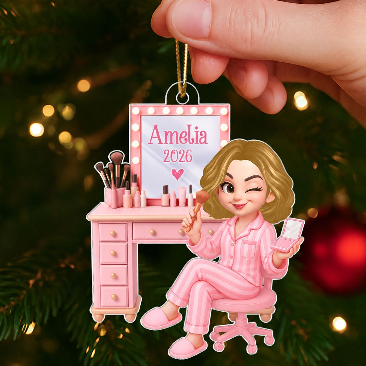 3D Effect Pink Girl Makeup - Personalized Acrylic Ornament - Christmas Gift for Daughters, Granddaughters, Teen Girls