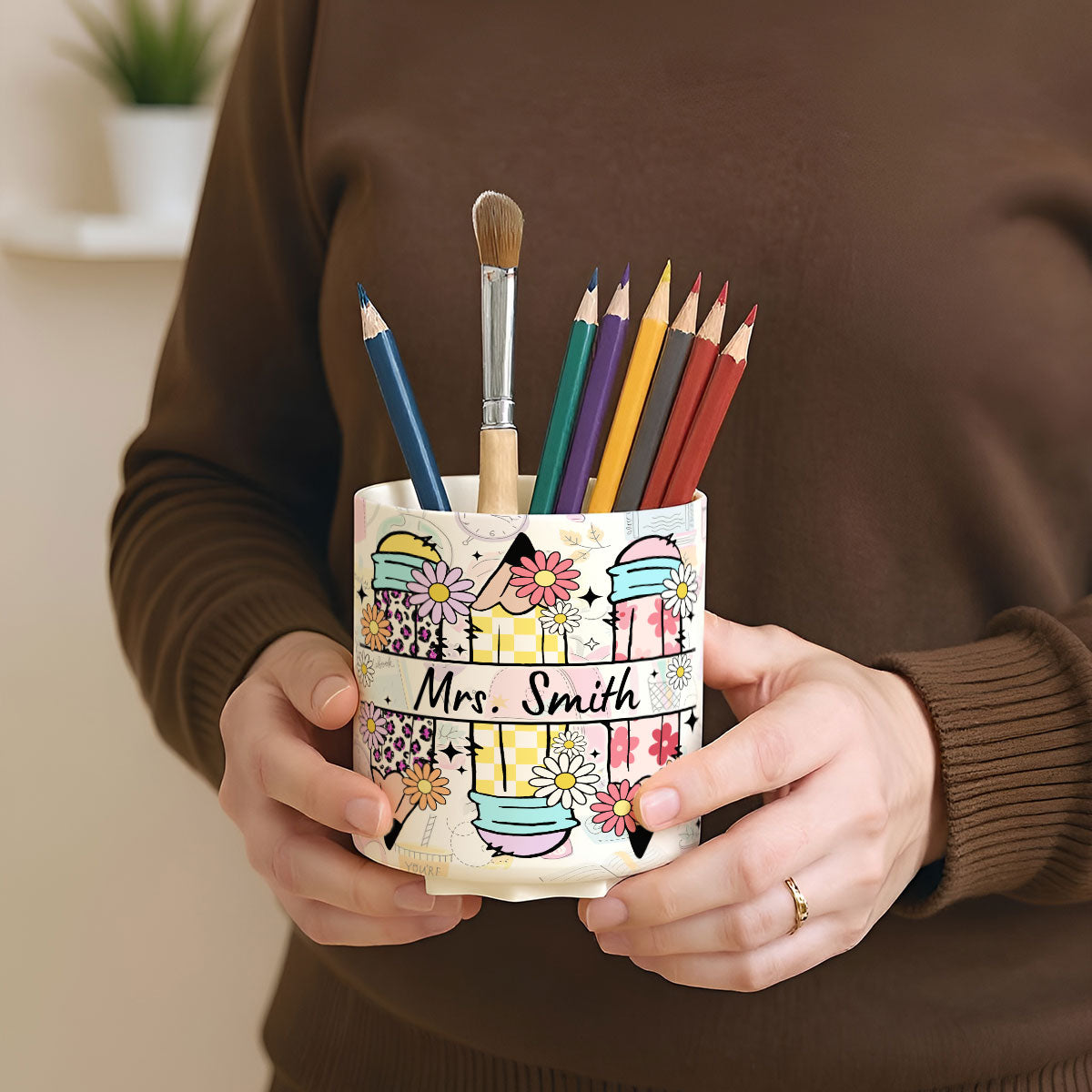 Teacher Life Doodle Pattern Personalized Rotating Pen Holder, Teacher Appreciation Gift, Back To School Gift