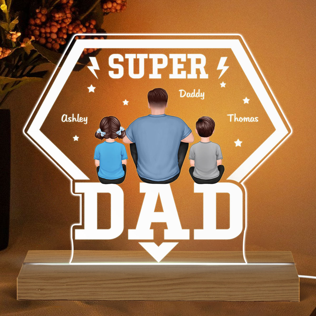Super Dad And Kids Back View Personalized Custom Shape Acrylic LED Night Light